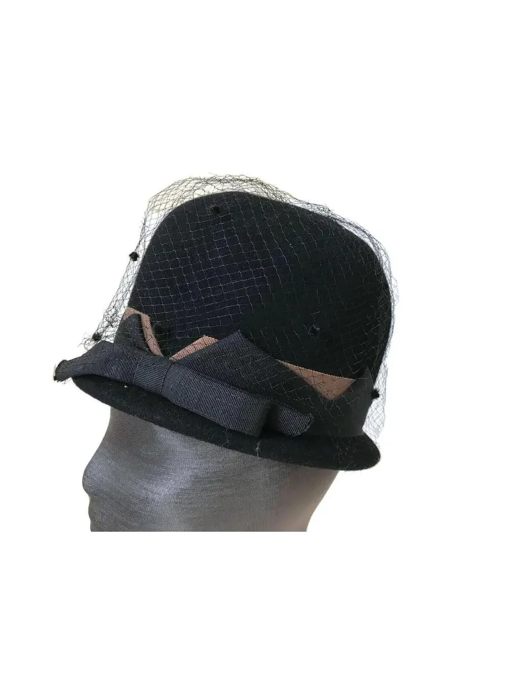 Vintage Black Felt Cloche Hat: 1950s Fawntra Millinery with Netting